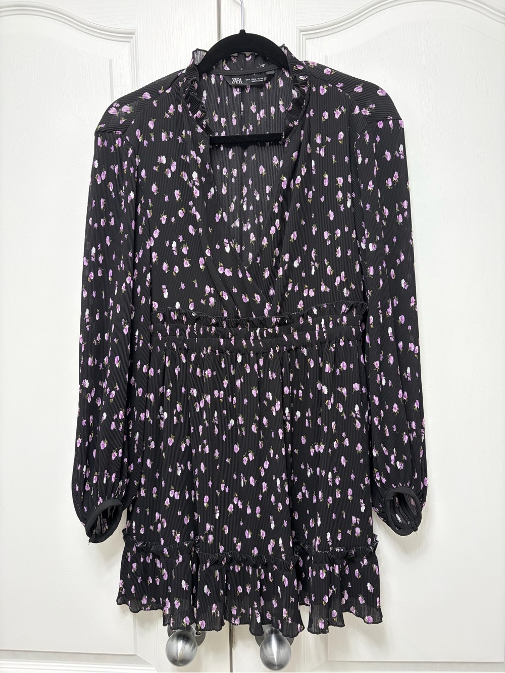 Zara Black Dress with Purple Floral Print, Long Sleeves